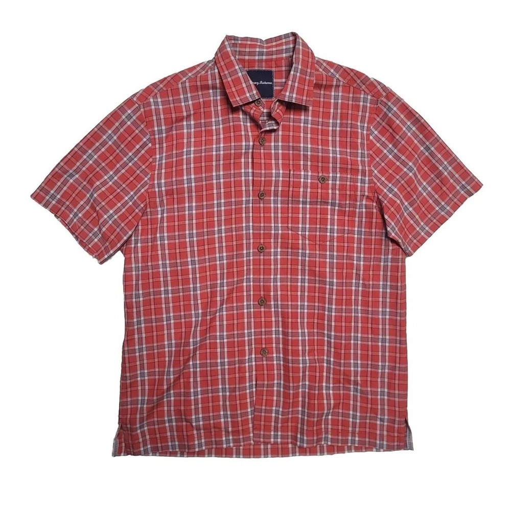 Tommy Bahama Men's Size M Short Sleeve Shirt 70% Silk Button Down Red Plaid
